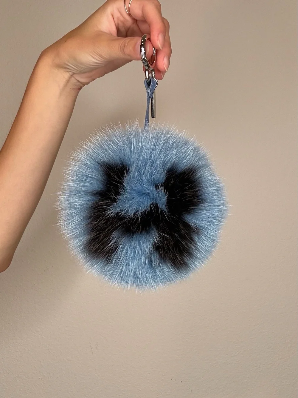Fendi Blue and Black Fur Pom Pom Bag Charm with Silver Clasp